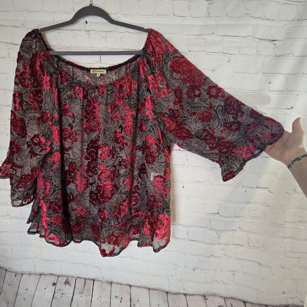 Democracy Red Velvet Burnout Sheer Y2k Milkmaid 3x Whimsigoth Dark Romance